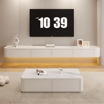 Zdjęcie produktu dla RTV stojak montowany na ścianie, zawieszany, z szufladami, szerokość 160 cm, biały, wykonany z litego drewna