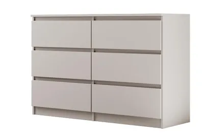 A light gray dresser with six drawers against a white background.