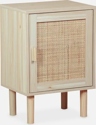 A light wood bedside table with a rattan door and wooden legs, presented against a plain white background.