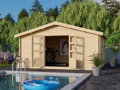 Produktbild von KARIBU Naturbelassen 460 cm x 370 cm Gartenhaus Blockbohlenhaus Buxtehude 8, 28 mm Fichte Blockbohlen, Satteldach, kesseldruckimprägnierte Bodenbalken, vormontierte Tür, Verglasung