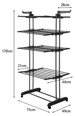 Produktbild von Wäscheständer Wäschetrockner - 4-stöckig klappbar - Mit Rollen - 360° drehbar - Ausziehbar - Aluminium - Schwarz