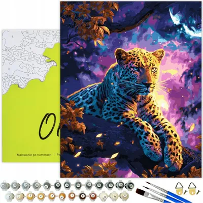 Produktbild von Malen nach Zahlen Erwachsene Tiere Leopard Mondnacht 50x40 - 31 Acrylfarben, Leinwand mit Holzrahmen, 3 Pinseln und Zubehör Oh Art!