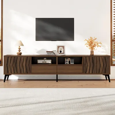 Image de Meuble TV Merax, modèle TV-Lowboard, avec 2 portes et 2 tiroirs, 2 compartiments ouverts, motif géométrique en relief 3D, meuble de salon avec 6 pieds en métal, finition imitation bois de noyer