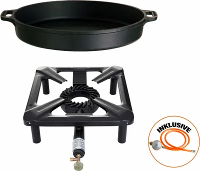 Produktbild von Hockerkocher-Set (klein) mit Gusseisenpfanne  Ø 40 cm inkl. Gasschlauch & Regler