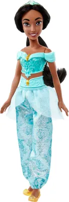 Produktbild von Disney Jasmin Modepuppe, mit Accessoires, Blaues Glitzer-Outfit, 4-teilig, Kunststoff, beweglich, lange Haare zum Frisieren und Kämmen