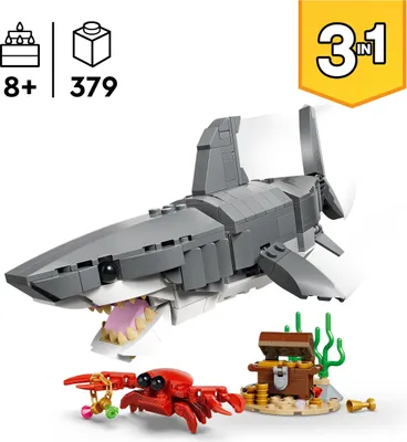 Produktbild von LEGO Creator 3-in-1-Set Wilder Hai mit Schatztruhe - Kreatives Spielzeug & Konstruktionsspielzeug -  Meerestiere Bauset mit Hai Figur - Geschenk für Kinder ab 8 Jahren mit 3 Bauoptionen - 31381