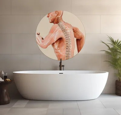 Produktbild von Wallario wasserfestes Poster selbstklebend 90 x 90 cm, Anatomie Wirbelsäule - Menschliches Skelett beim Laufen, Badezimmerposter Spritzschutz mit Hochglanzoberfläche in Glasoptik