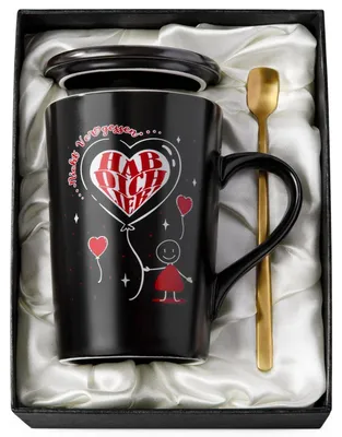 Produktbild von Kaffeetasse 400ml Schwarz Keramik Geschenkbox mit Löffel und Deckel