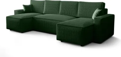 A green sectional sofa is shown against a white background.