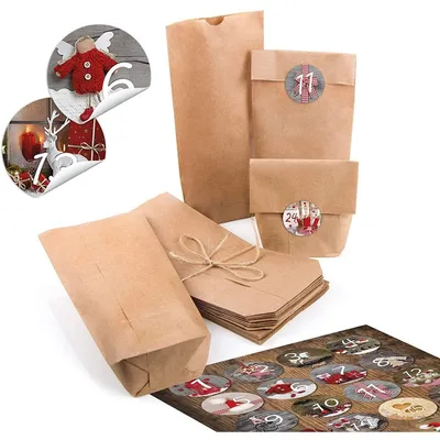 Produktbild von 24 kleine braune Papiertüten natur Kraftpapier 9 x 15 x 3,5 cm + 1 bis 24 Nummern Zahlen runde Aufkleber Adventskalender rot weiß kariert Kalender basteln befüllen Mini-TütenFoto-Weihnachtsmotive