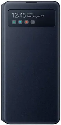 A dark blue book-style phone case with a transparent window showing the phone's screen.