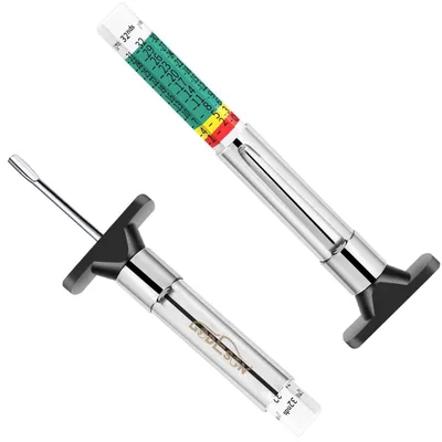 Zdjęcie produktu dla Mierniki głębokości bieżnika opon w różnych kolorach, 2 sztuki, z klipsami do przypinania, do samochodów osobowych, ciężarówek i motocykli, zakres pomiarowy 0-32/32 cali