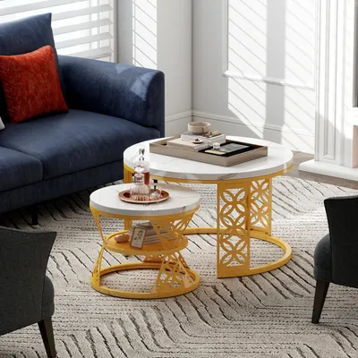 Produktbild von okwish Couchtisch-Set 2-teilig rund-weiß Marmor Optik – Goldene Metallbeine-Modern Wohnzimmer Tisch,weiß+Gold