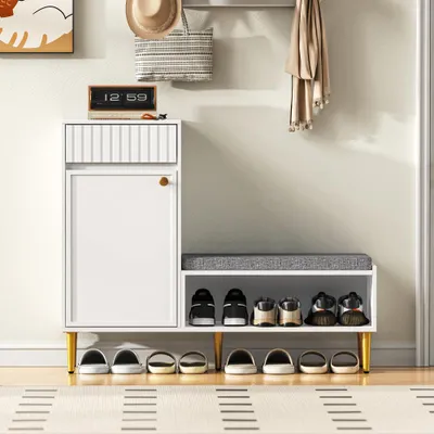 Image de Armoire à chaussures - Rangement à chaussures - Meuble à chaussures - Tour à chaussures - Meuble pour chaussures - Blanc - Avec assise