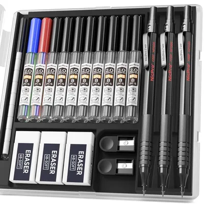 Image de Set de crayons à mine de qualité professionnelle, 2 mm, en métal, comprenant 3 crayons noirs avec étui, 10 boîtes de mines (HB, 2B, 4B, 4H, 2H, couleurs), une gomme et un taille-crayon