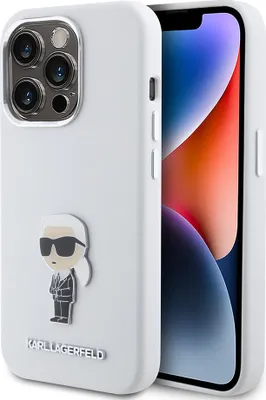 Obrázok produktu pre Puzdro na zadnú stranu telefónu iPhone 15 Pro od Karla Lagerfelda – kovová brošňa Ikonik – biela