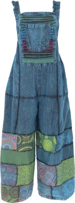 Produktbild von Natürliche Patchwork Boho Latzhose, Overall, Jumpsuit - Blau, Damen, Baumwolle, Hosen