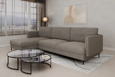 Productafbeelding van Eckbank Designersofa HELMER, bekleding Baloo, grijs, met hocker aan de linkerkant