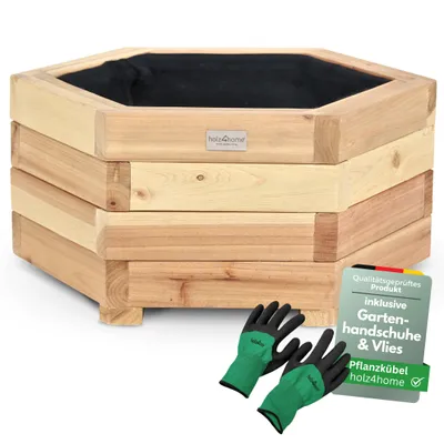 Produktbild von holz4home® Outdoor Pflanzkübel S I 6-Eckig aus Tannenholz inkl. Gartenhandschuhe & Vlies I Blumentopf Terrasse aus Holz I Pflanzkasten Pflanzenkübel