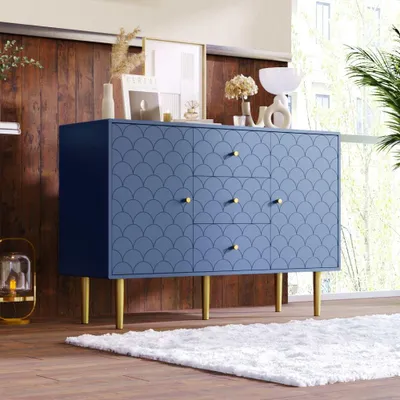 Zdjęcie produktu dla Granatowa komoda z regulowaną półką, 2 drzwiczkami i 3 szufladami, idealna do salonu i sypialni, wys. 83/B120/T40 cm