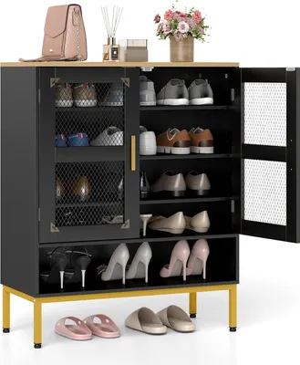Produktbild von Schwarzer Schuhschrank aus Holz mit verstellbaren Einlegeböden und Gittertüren