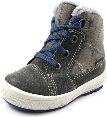 A single gray and blue child's boot is shown against a white background.