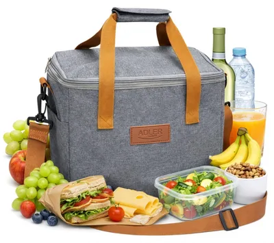Imagen del producto de Bolsa térmica Adler AD4536 para el almuerzo, multifuncional, con compartimentos, resistente al agua, de 26 x 16,3 x 22,5 cm, portátil y reutilizable, con correa de hombro ajustable, color gris/naranja