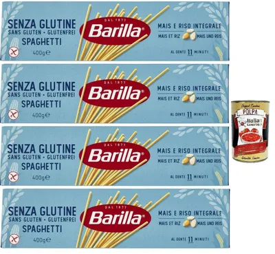 Produktbild von Barilla Glutenfrei Spaghetti – 4 x 400 g (1,6 kg) | Mais & Vollkornreis, al dente in 11 Min., vegan & glutenfrei – perfekte Saucenhaftung, italienische Qualität + Italian Gourmet polpa