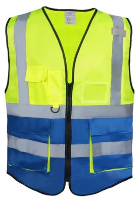 Obrázok produktu pre Reflexná vesta pre pánov a dámy, vysoká viditeľnosť, cyklistická vesta so zipsom, reflexné prvky, EN ISO 20471, farba: žltá a modrá