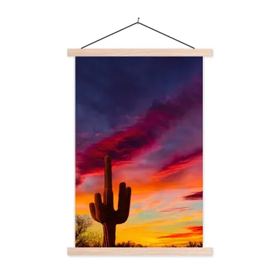 Produktbild von MuchoWow® Textilposter Kaktus - Himmel - Sonnenuntergang - Lila - Rosa 60x90 cm mit holzfarbenen Rahmen - Textil