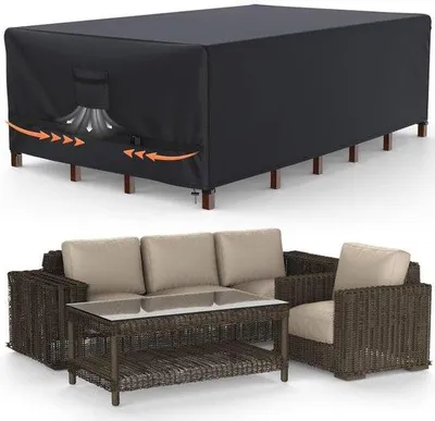 Obrázok produktu pre Vodotesný ochranný obal na záhradný nábytok Unyqoos®, vyrobený z 600D Oxfordu, rozmer 180×120×74 cm – odolný proti trhlinám, UV-odolný, vhodný pre 6–12 stoličiek, s vetraním a s prackovými popruhmi