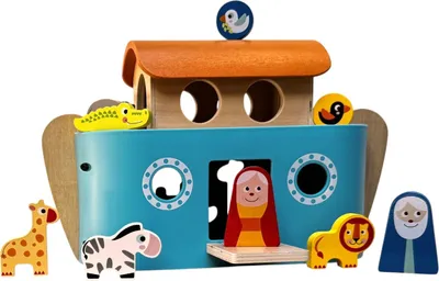Produktbild von Zayno® Spielschiff "Arche Noah" mit bunten Figuren aus Holz | Taufgeschenk, Frieden, Motorikspielzeug, frühkindliche religiöse Erziehung
