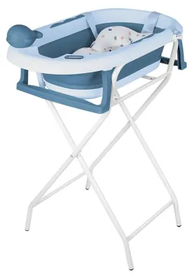 Produktbild von Baby Badewanne - Faltbare Badewanne mit Ständer - Rutschfestes Gestell - Mit Badesitz und Badematte - Für Neugeborene und Kleinkinder - Blau