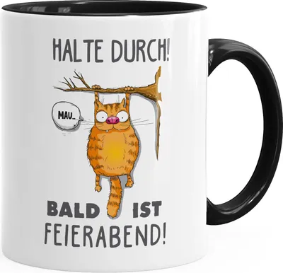 Produktbild von Kaffee-Tasse mit Spruch Halte durch, bald ist Feierabend Katzenmotiv Cartoon Bürotasse Spruchtasse MoonWorks® schwarz unisize