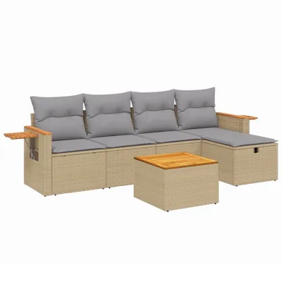 Imagen del producto de Conjunto de sofá de jardín de 6 piezas con cojines, color beige, fabricado en polirratán