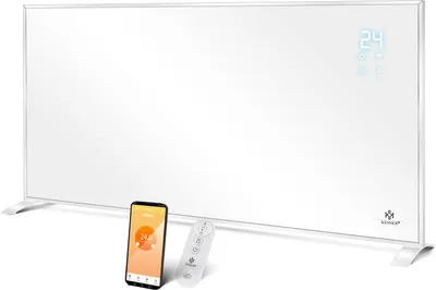 A white infrared heater is shown on a white background with a smartphone and remote control in the foreground.
