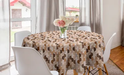 Image de ABAKUHAUS Nappe ronde abstraite, demi-cercles dans les tons bruns, nappe circulaire pour la décoration de la salle à manger et de la cuisine, 150 cm, taupe caramel