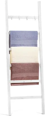 Produktbild von Bambus-Handtuchhalter – Kleiderstange im Leiterdesign – Badezimmerorganisation – Freistehend, keine Montage erforderlich – 170 x 43 cm – Weiß