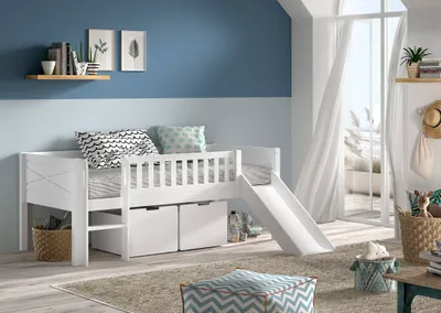 Image de VIPACK - SCOTT lit de jeu à couchette 90 x 200 cm, échelle, toboggan, sommier à lattes à roulettes et 2 tiroirs inclus, pin et MDF laqué blanc