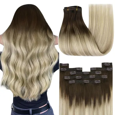 Productafbeelding van Clip-in haarverlengingen, echt haar, balayage, blond, donkerbruin, 45 cm, 120 gram