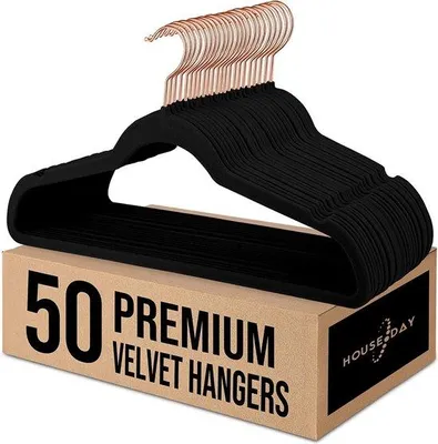 Obrázok produktu pre Uniqoos® Zavesiaky na oblečenie z plastu, velúrový povrch – sada 50 kusov, protišmykové, 45 × 23,8 × 0,6 cm, nosnosť 5 kg, otočný háčik o 360°