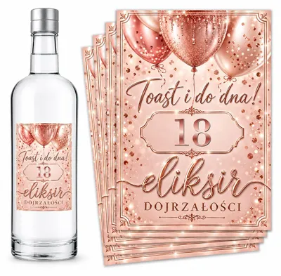 Produktbild von Flaschenetiketten – zum 18. Geburtstag – „Eliksir Dojrzałości” – Rosa – 8 Stück