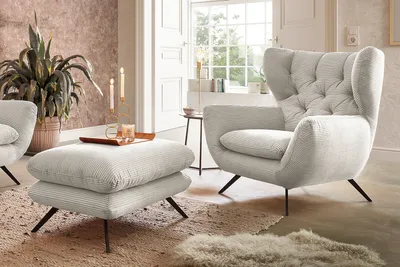 Produktbild von KAWOLA Sessel CHARME Hochlehnsessel Cord cremeweiß mit Hockerbank