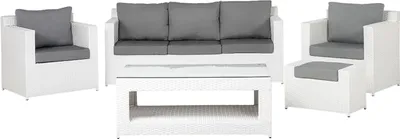 Zdjęcie produktu dla BELIANI Zestaw mebli ogrodowych 5-osobowy biały rattan szare poduszki sofa 2 fotele pufa stolik