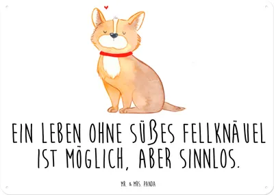 Produktbild von Mr. & Mrs. Panda Schild Hund Glück DIN A5 - Weiß - Geschenk, wandtafel, Sprüche, Blechschild, Corgie, Retro, Herz, Spruch, tafel, Süß, Wandbild