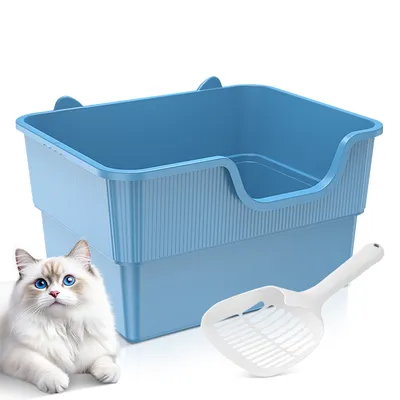 Produktbild von Amicura Katzentoilette, Offenes Katzenklo mit hohem Rand, extragroße Katzentoilette, Mit Katzenstreuschaufel, ohne Deckel Katzen WC, Blau