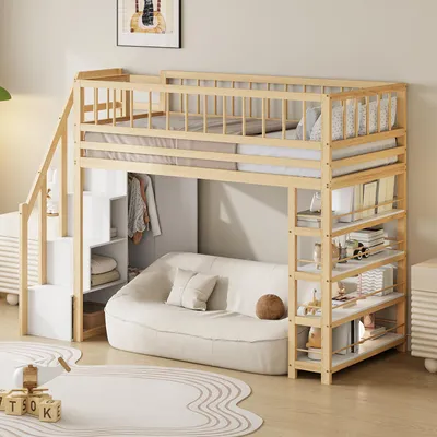 Produktbild von STILVORA Hochbett 90×200 mit Kleiderschrank,Jugendbett Kinderbett mit Regalen&Sicherheitskletterleiter,Bettgestell Holzbett mit Matratze,Weiß+Natur