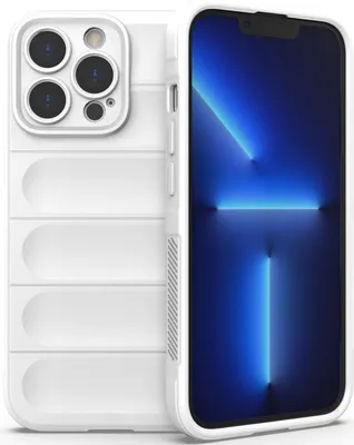 A white iPhone 13 Pro Max case is shown next to the phone it protects.