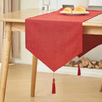 Obrázok produktu pre Vianočná obruska, červená, 35 x 180 cm, vzhľad ľanu, s franjami