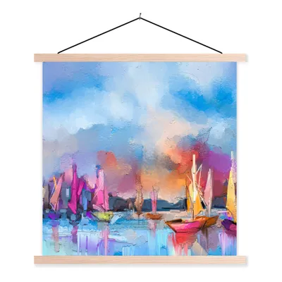 Produktbild von MuchoWow® Textilposter Malerei - Boote - Wasser 60x60 cm mit holzfarbenen Rahmen - Wanddekoration